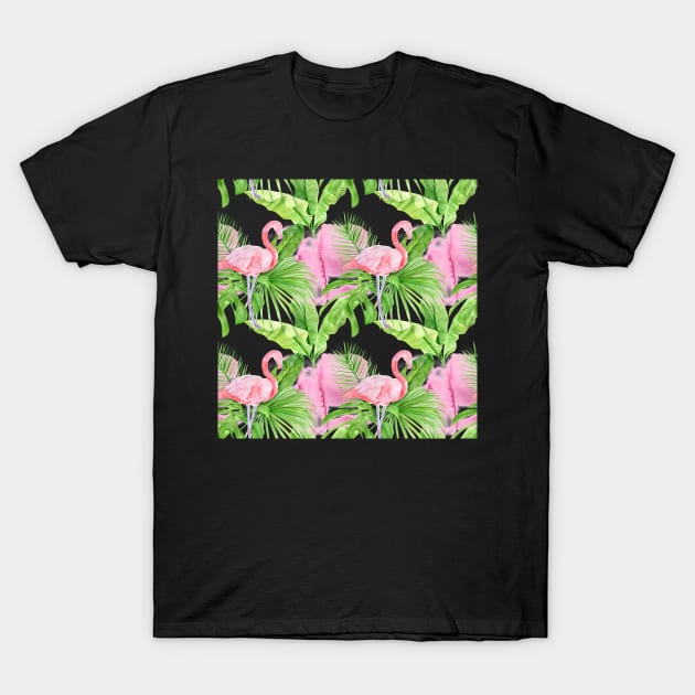 Tropical Pattern Flamingos, Plants, and Petals T-Shirt by CeeGunn